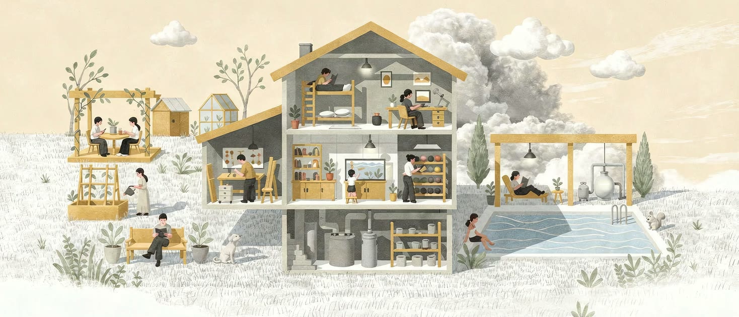 Pencil-sketch illustration of a cutaway house and garden where people build and enjoy DIY projects